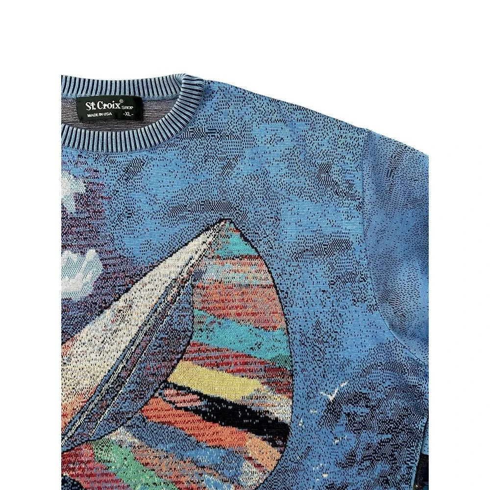 Vintage St. Croix Knits Sweater Men's XL Blue Sailboat Clouds Nautical Jacquard